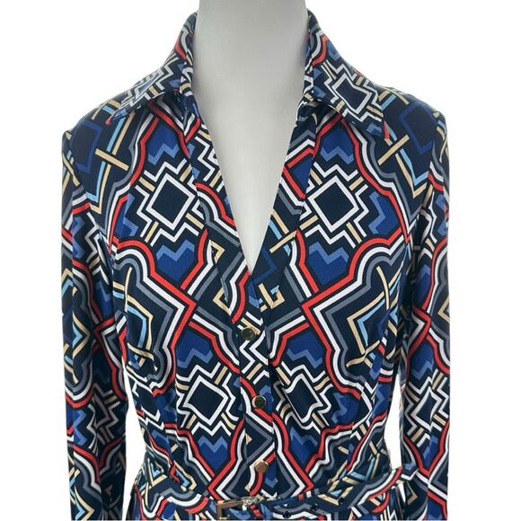 Cache Geometric Button Front Dress Size 12 Belted Multi Colored NWT - Picture 2 of 12